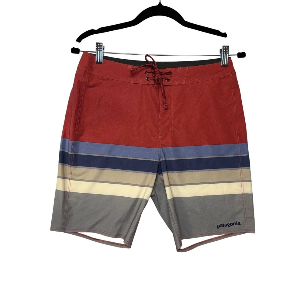 Patagonia Hydro Series Boardshorts Mens 28 Red Blue Striped Swim Trunks‎